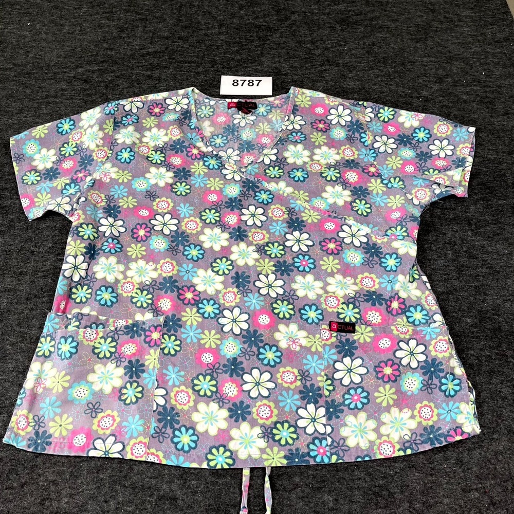 Actual Scrub Top Womens 2XL Multicolor Floral Cotton V Neck Uniform Medical